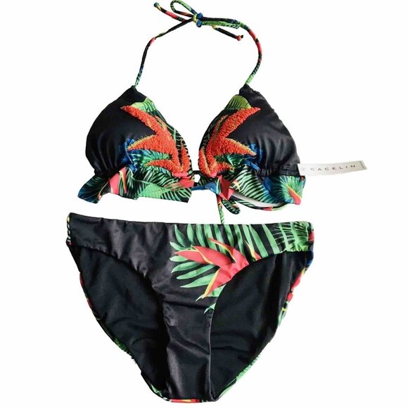 Caceline‎ Two Piece Beaded Bathing Suit Tropical Bikini Peplum Top Size Large - Picture 1 of 9